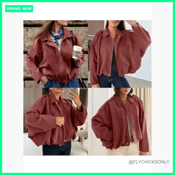 Faux Suede Bomber Jacket with Pockets, Cropped Zip Up Outerwear - Picture 6 of 7